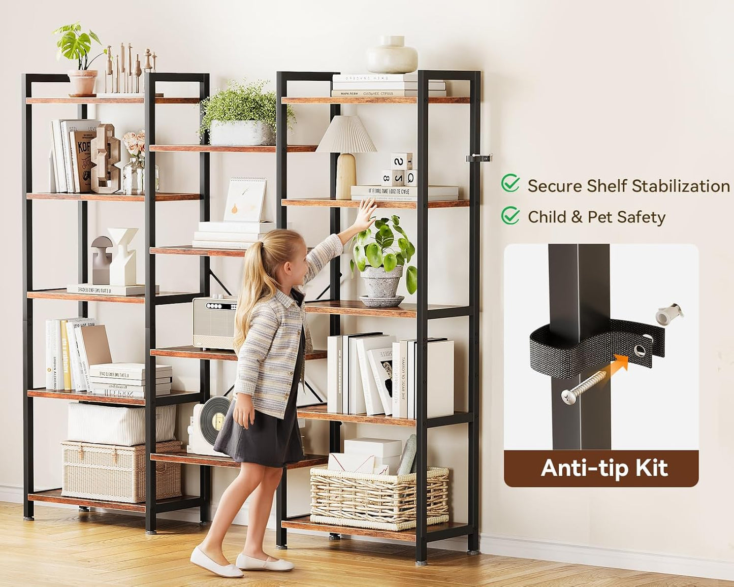 Casaottima Triple 5 Tier Bookshelf, Large Bookcase with 14 Open Display Shelves, Modern Industrial Book Shelves Book Case for Bedroom, Wide Standing Shelving Unit for Living Room Home Office, Vintage