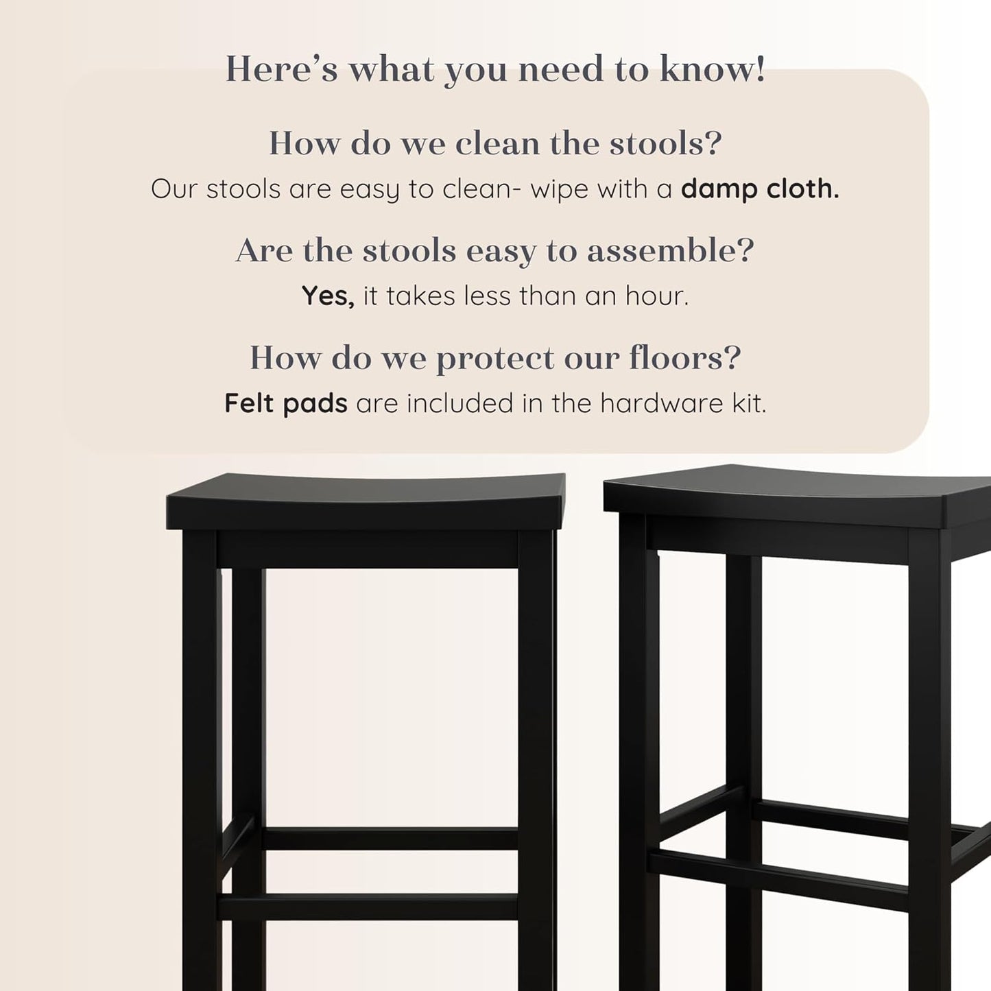 Grain & Grove Smith Collection Set of 2 Solid Wood Bar Stools, 30 inch Saddle-Seat Bar Chairs, Backless, Heavy-Duty Construction, Footrest Support, for Kitchen Islands, Home Bars, and Counters, Black