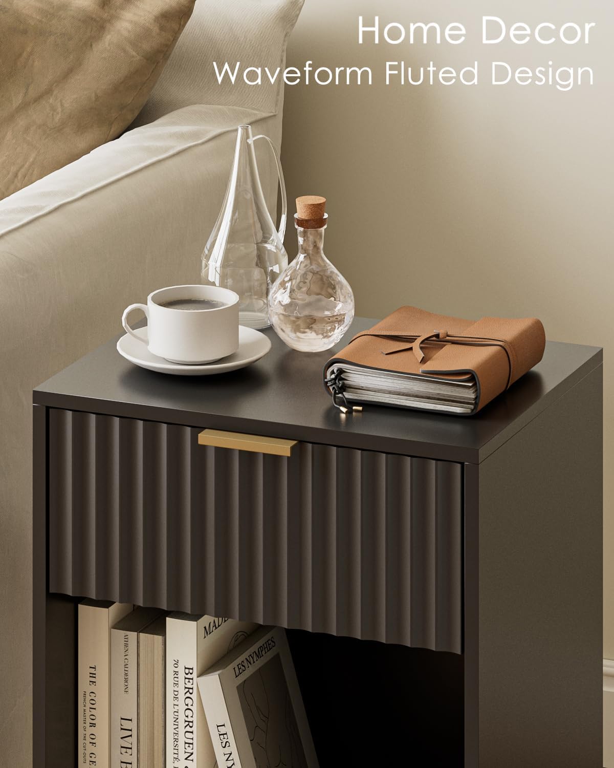 Masupu Fluted Nightstand,Modern Night Stand Wood Bedside Table with Storage Drawer Side End Table for Bedroom,Living Room,Office,Black