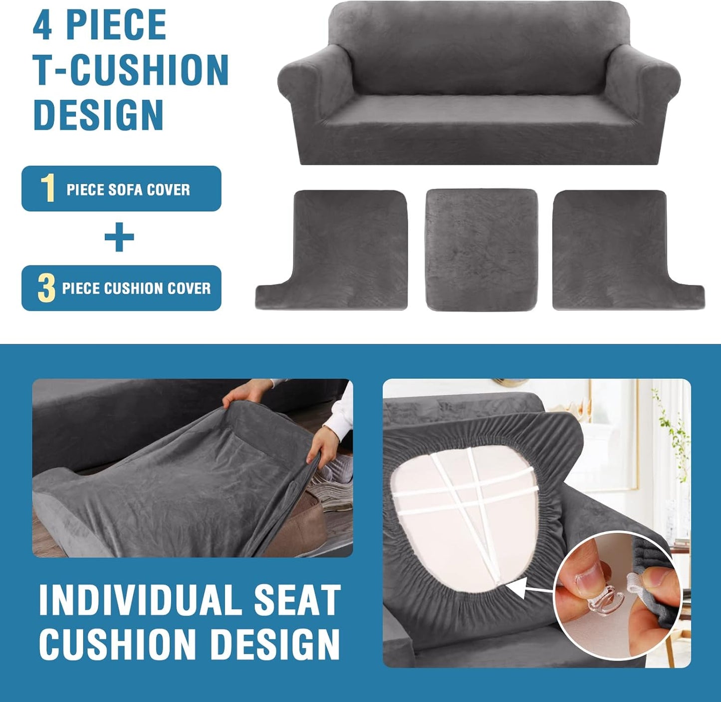 H.VERSAILTEX 4 Piece T Cushion Sofa Slipcovers Thick Velvet Stretch Couch Cover Furniture Protector for 3 Couch Covers with 3 Individual T Cushion Covers Washable, Grey
