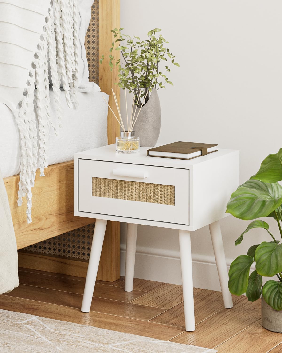 Bedroom Nightstands Wooden Night Stands with Rattan Weaving Drawer Home Bedside End Table for Bedroom Storage (Bohemian-White)