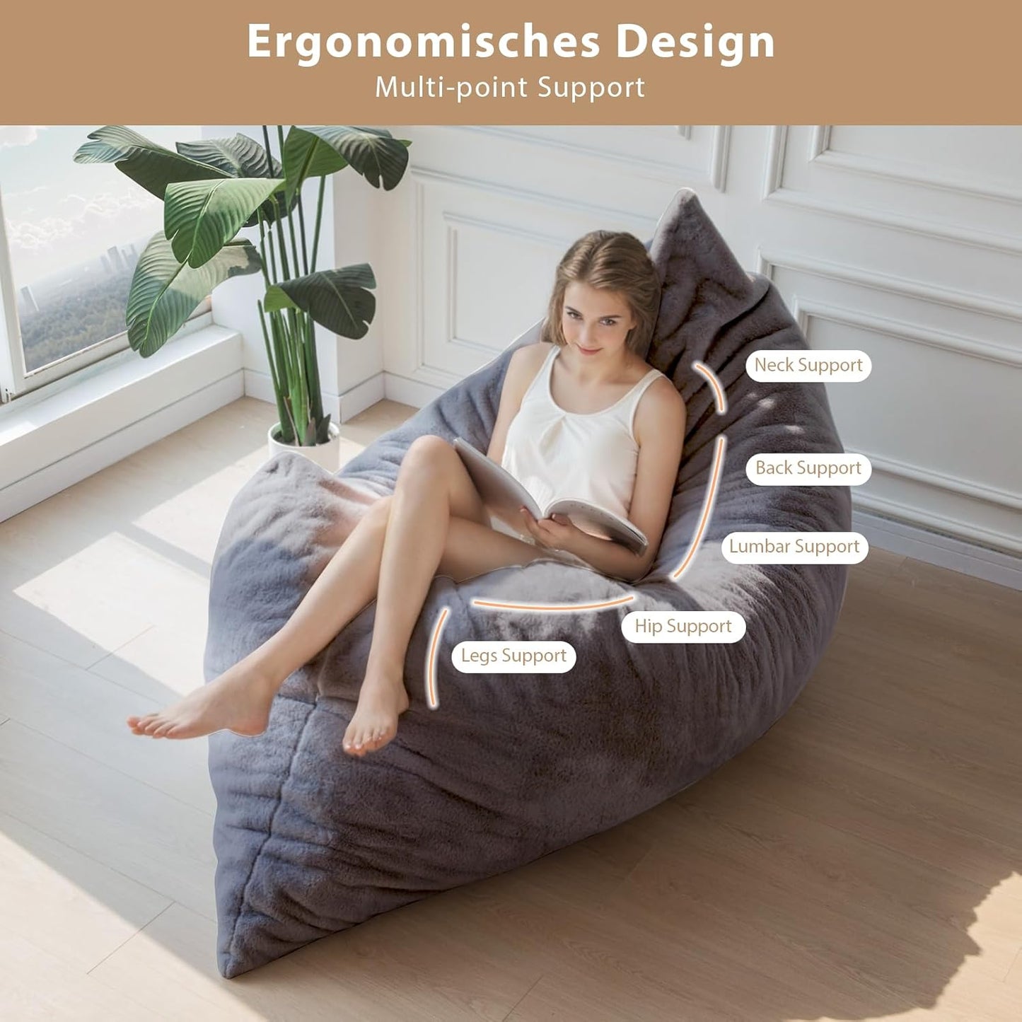 BYBYME 3 in 1 Bean Bag Chair, Convertible Chair Folds from Bean Bag to Lounger, High-Density Foam Filling, Faux Fur Big Sofa Bed, Giant Bean Bag Chair Bed for Adults