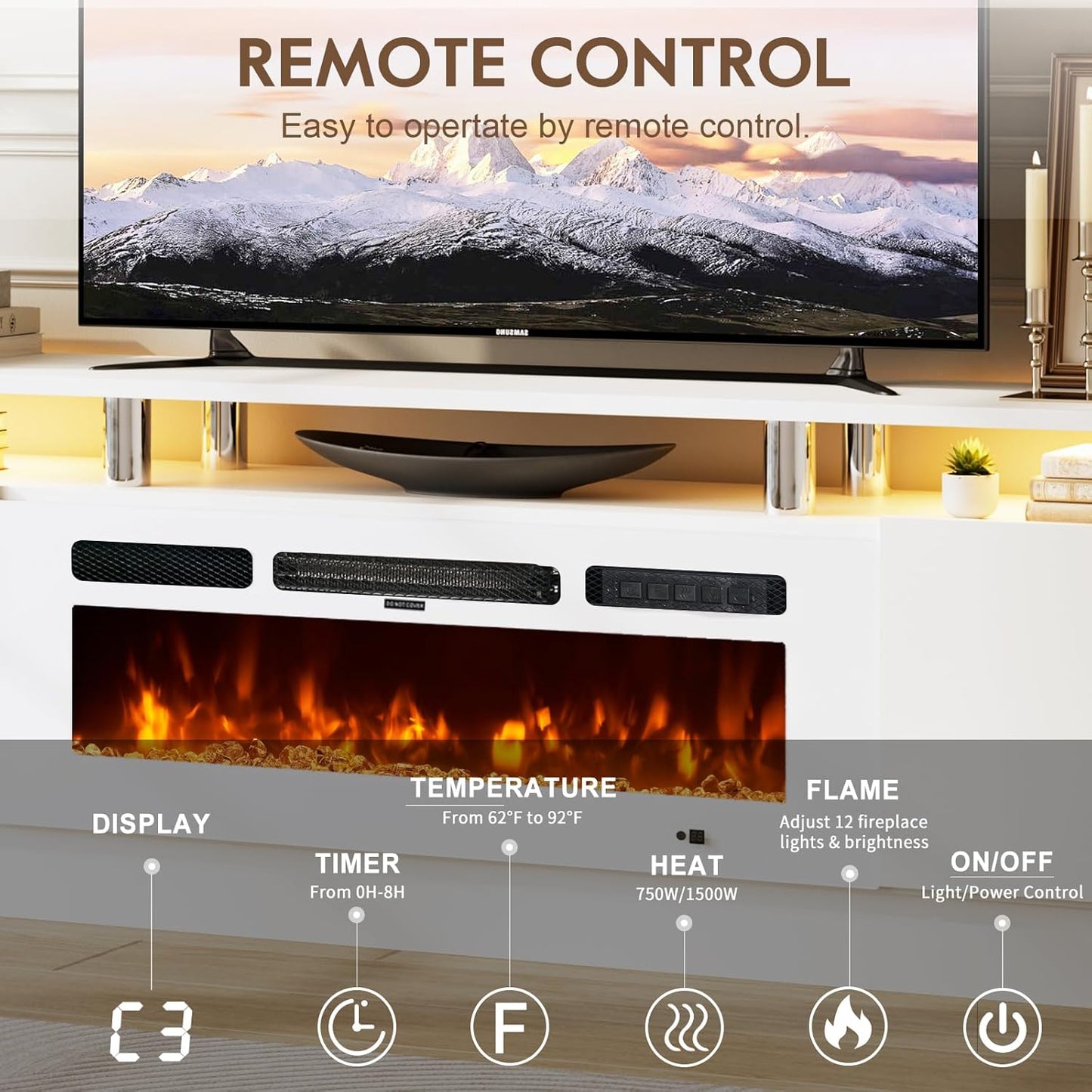 70" TV Stand for Living Room, Entertainment Center & Media Console with Storage, Fits TVs up to 80", Modern TV Cabinet with Shelves, 36" Electric Fireplace (All White)