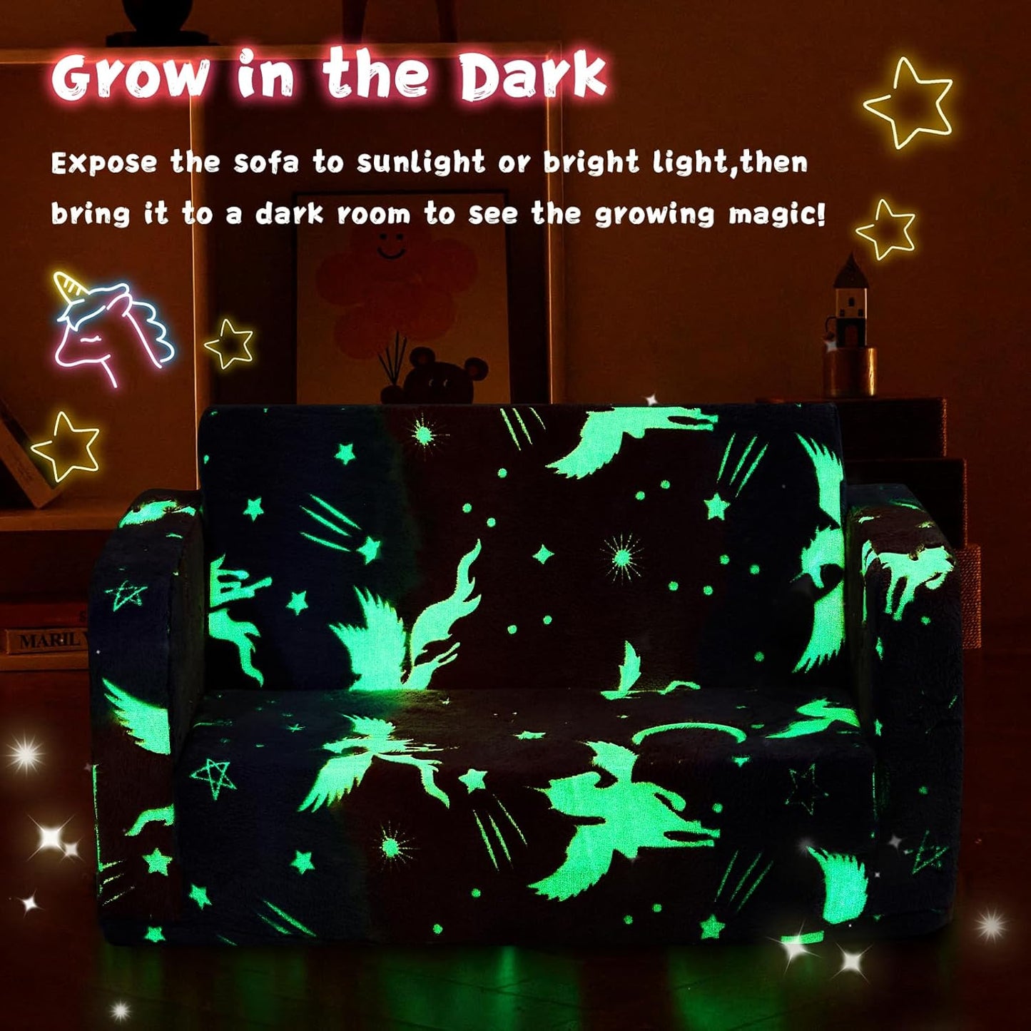 Toddler Chair Comfy,2-in-1 Soft Toddler Couch Fold Out for Kids,Convertible Sofa to Lounger,Gift for Girls and Boys Birthday,Elf,Large