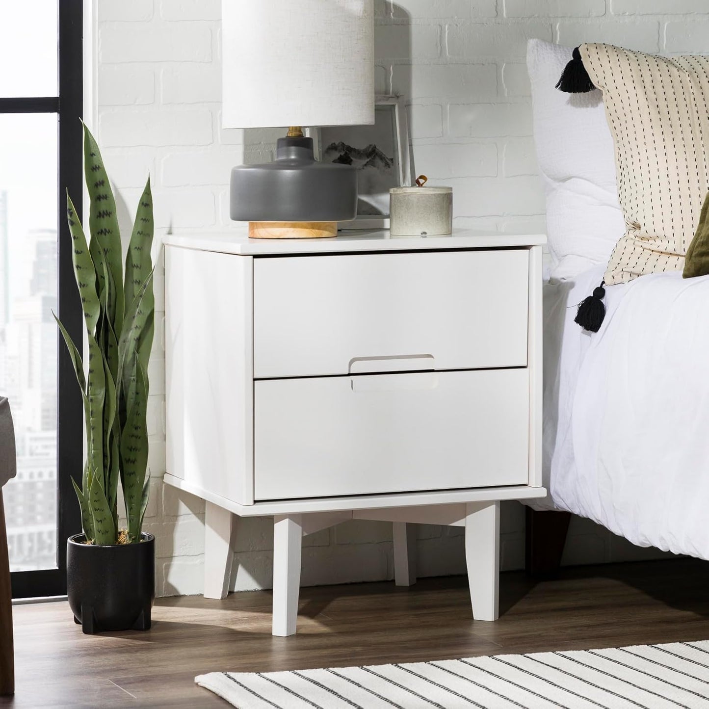 Walker Edison Furniture AZR2DSLNSWH Solid Wood 2-Drawer Groove Handle End Side Table Nightstand with Storage, 24" H, White