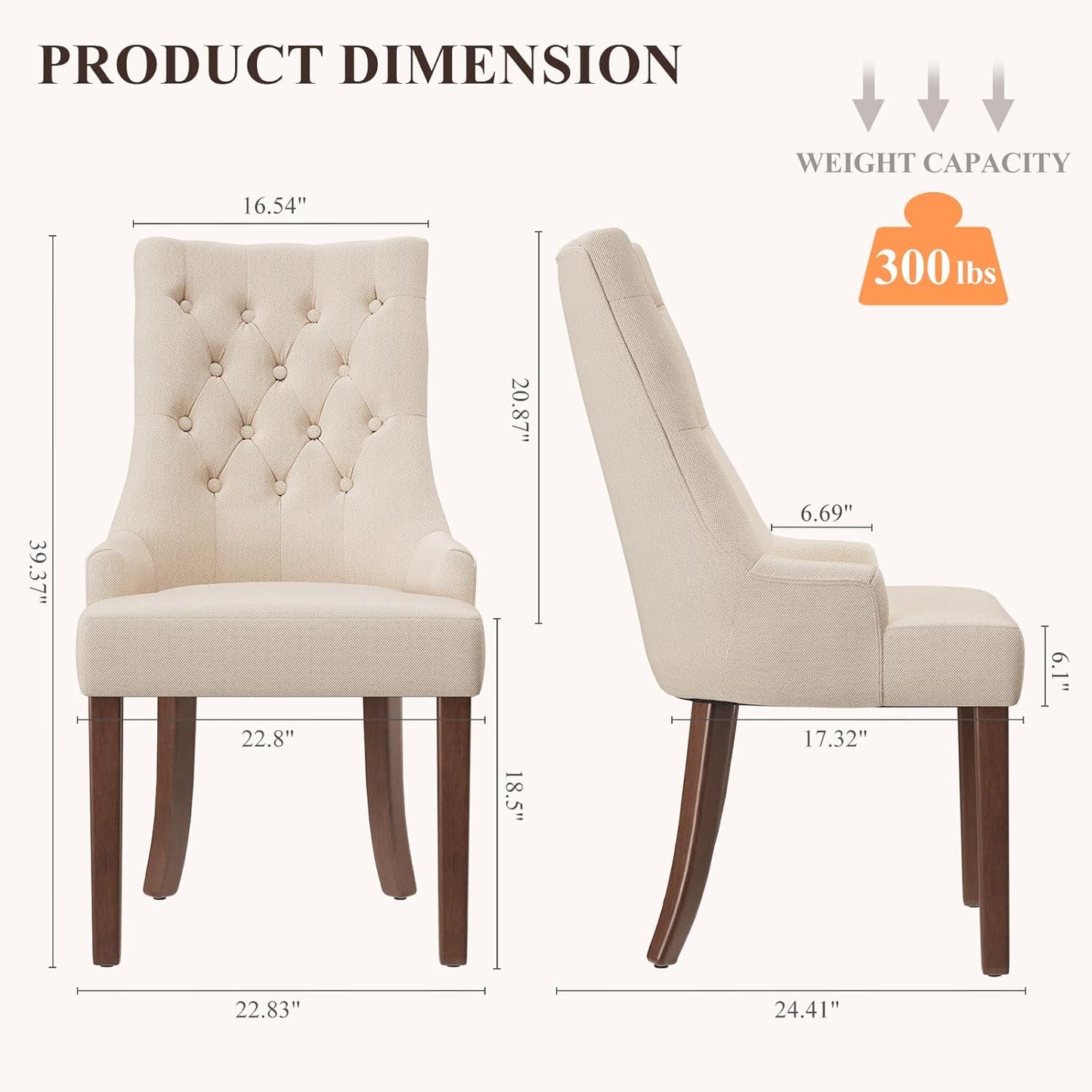 COLAMY Fabric Side Dining Chairs Set of 2, Wingback Upholstered Dining Room Chairs with Tufted Button, Living Room Chairs for Home Kitchen, Beige