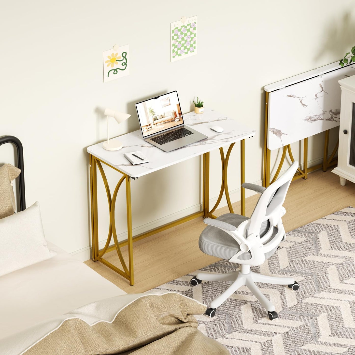 Folding Desk, 31.5" Small for Bedroom, Space Saving Foldable Computer Desk for Home Office, Easy Assembly, White and Gold