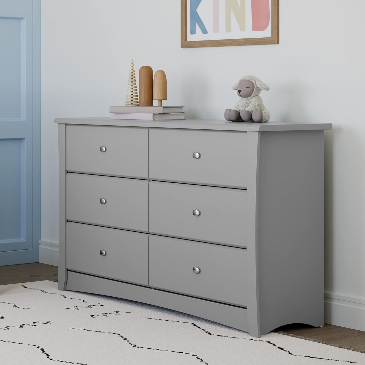 Storkcraft Crescent 6 Drawer Double Dresser (Pebble Gray) – GREENGUARD Gold Certified, Nursery Dresser for Kids Bedroom