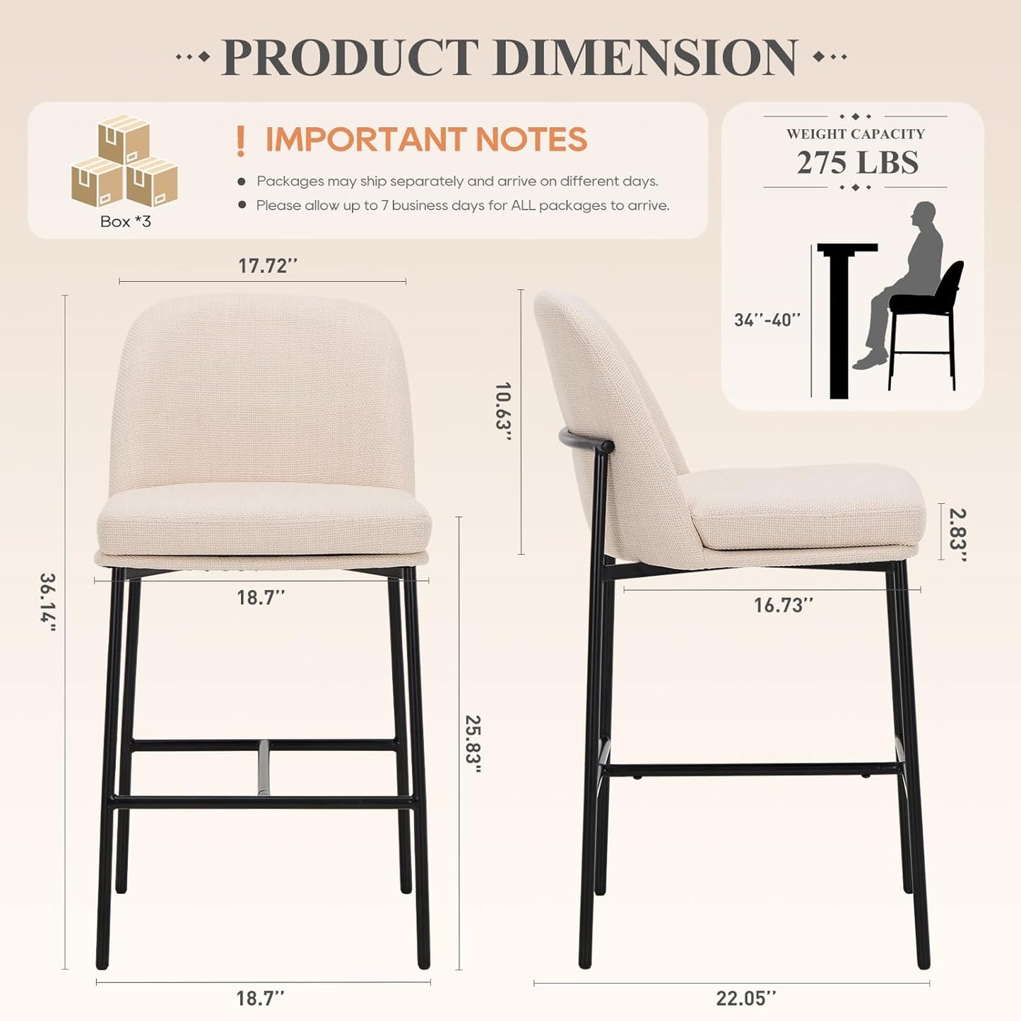 COLAMY Counter Height Bar Stools Set of 6, 25 Inch Modern Fabric Kitchen Island Stools with Back, Upholstered Counter Barstools Armless Bar Chairs with Metal Legs for Island Dining Room Bar, Beige