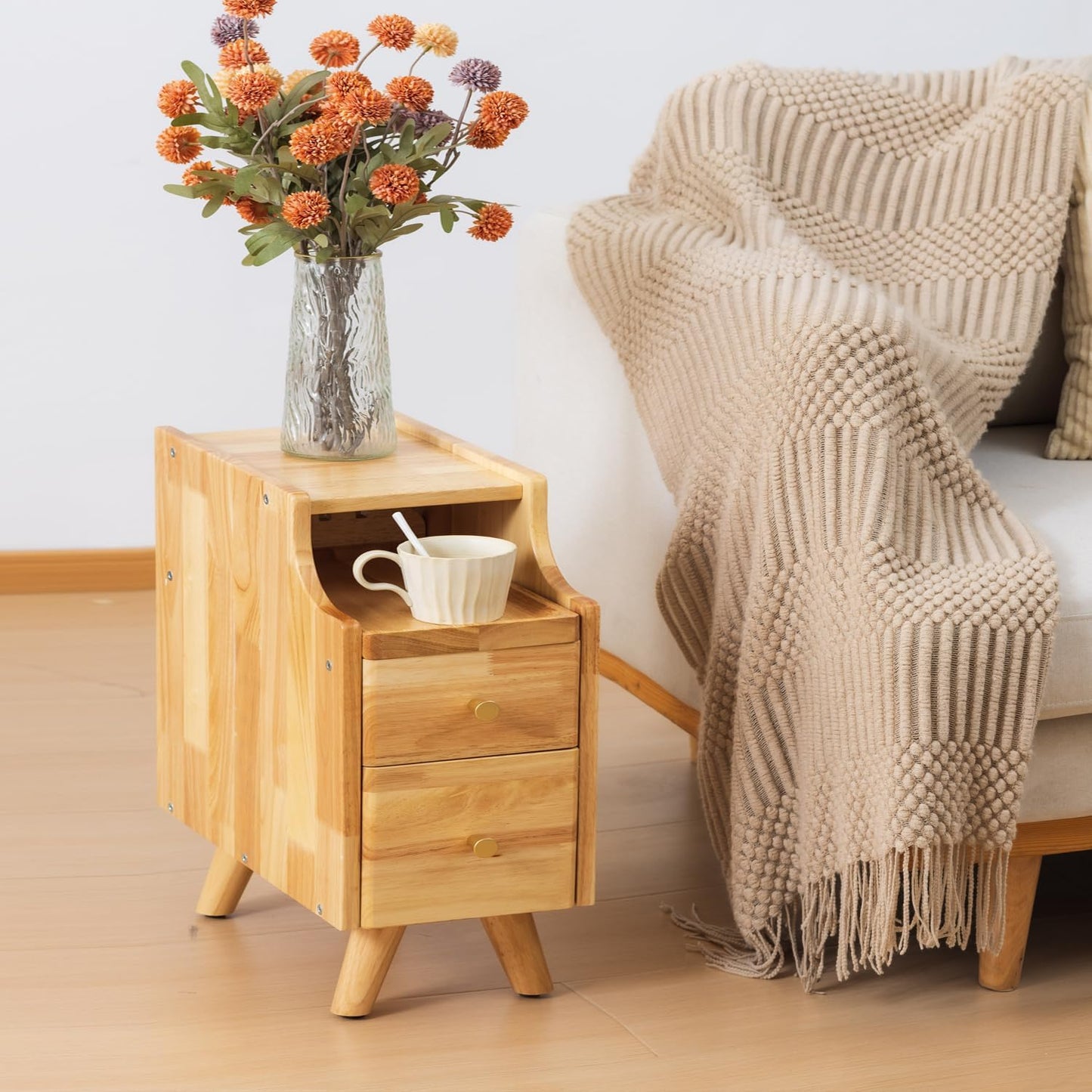 Small Nightstand, Narrow Nightstand, Solid Slim Wood Night Stand for Small Spaces, Couch, Nature Color 9.84in Wide