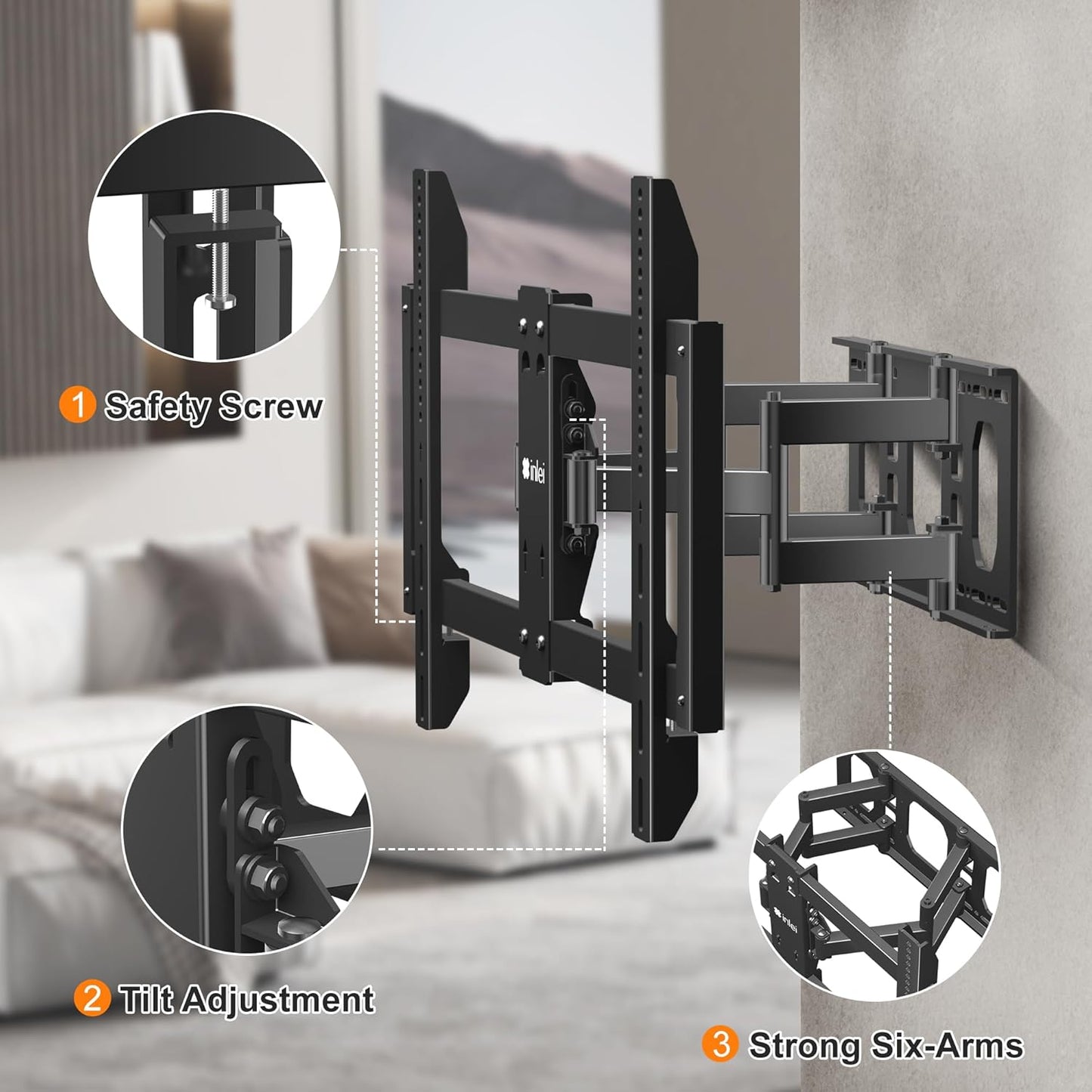 Ultra Slim Full Motion TV Wall Mount for Most 37"-90" Flat/Curved TV, Swivel Tilt Bracket with Articulating 6 Arms, Support 120lbs, Max VESA 600x400mm, Fits 12”/16" Wood Stud, MAUS02