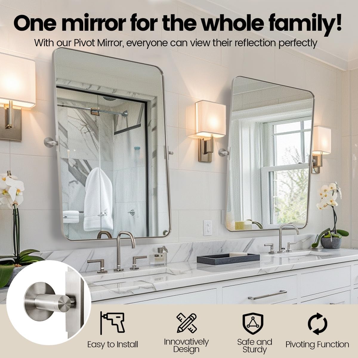 MOON MIRROR Brushed Nickel Pivot Mirror for Bathroom, Tilt Rounded Rectangle Bathroom Vanity, Overall 24.33 x 30 in (Mirror 20x 30 in)
