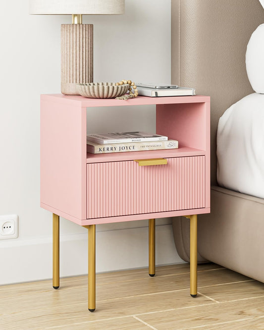 Nightstand,Morden Bedside Table with Gold Frame,Small White Night Stand,End Table,Bedside Furniture,Side Table with Drawer and Shelf for Bedroom,Living Room (1Drawer, Pink)