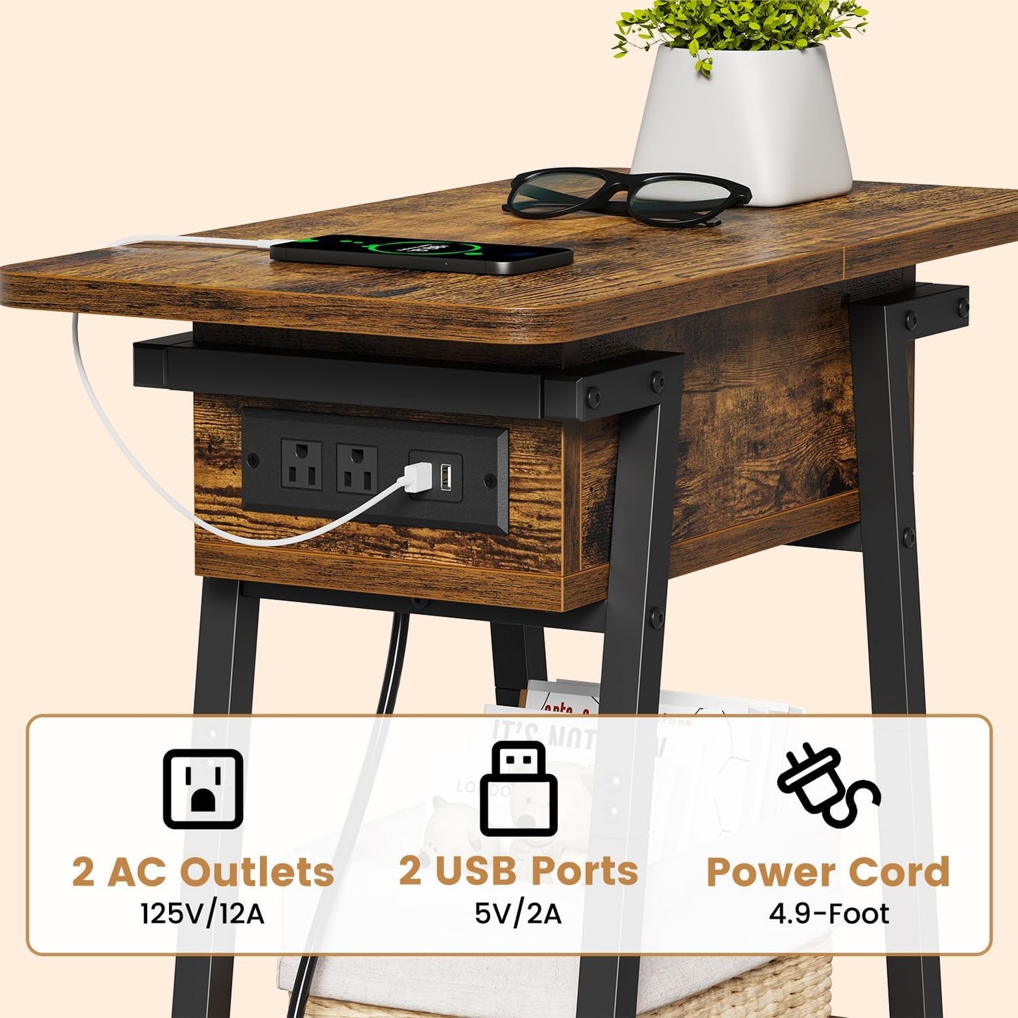 End Table with Charging Station, Flip Top Side Table with USB Ports and Outlets, Bedside Tables for Small Spaces,Nightstand with Storage Shelf for Living Room, Bedroom, Rustic Brown