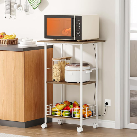 Microwave Cart with Storage, 3-Tier Rolling Kitchen Stand with Basket, Wood and Metal Utility Cart on Wheels, Coffee Bar Station, Small Baker’s Rack As Kitchen Island, Microwave Shelf Organizer, White