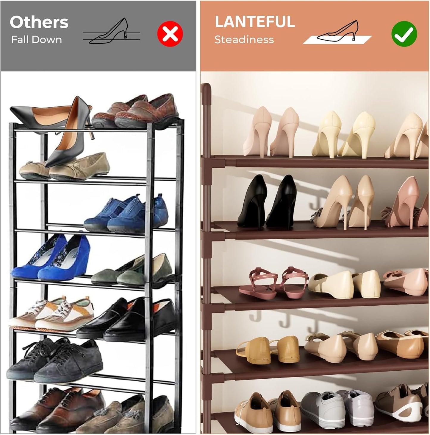 Tall Shoe Rack 10 Tier Shoe Organizer Large Shoe Shelf with 18 Hooks Storage for 50 Pair Sneaker and Boot, Stackable Vertical Shoe Rack Organizer for Closet, Entryway, Bedroom, Brown