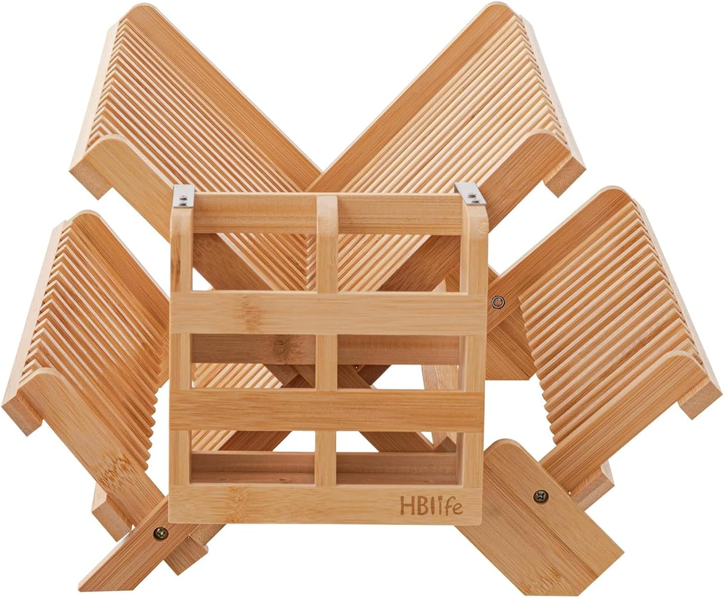 HBlife Bamboo Dish Drying Rack with Utensils Flatware Holder Set, 3-Tier Large Folding Drying Holder for Kitchen Counter, Collapsible Drainer
