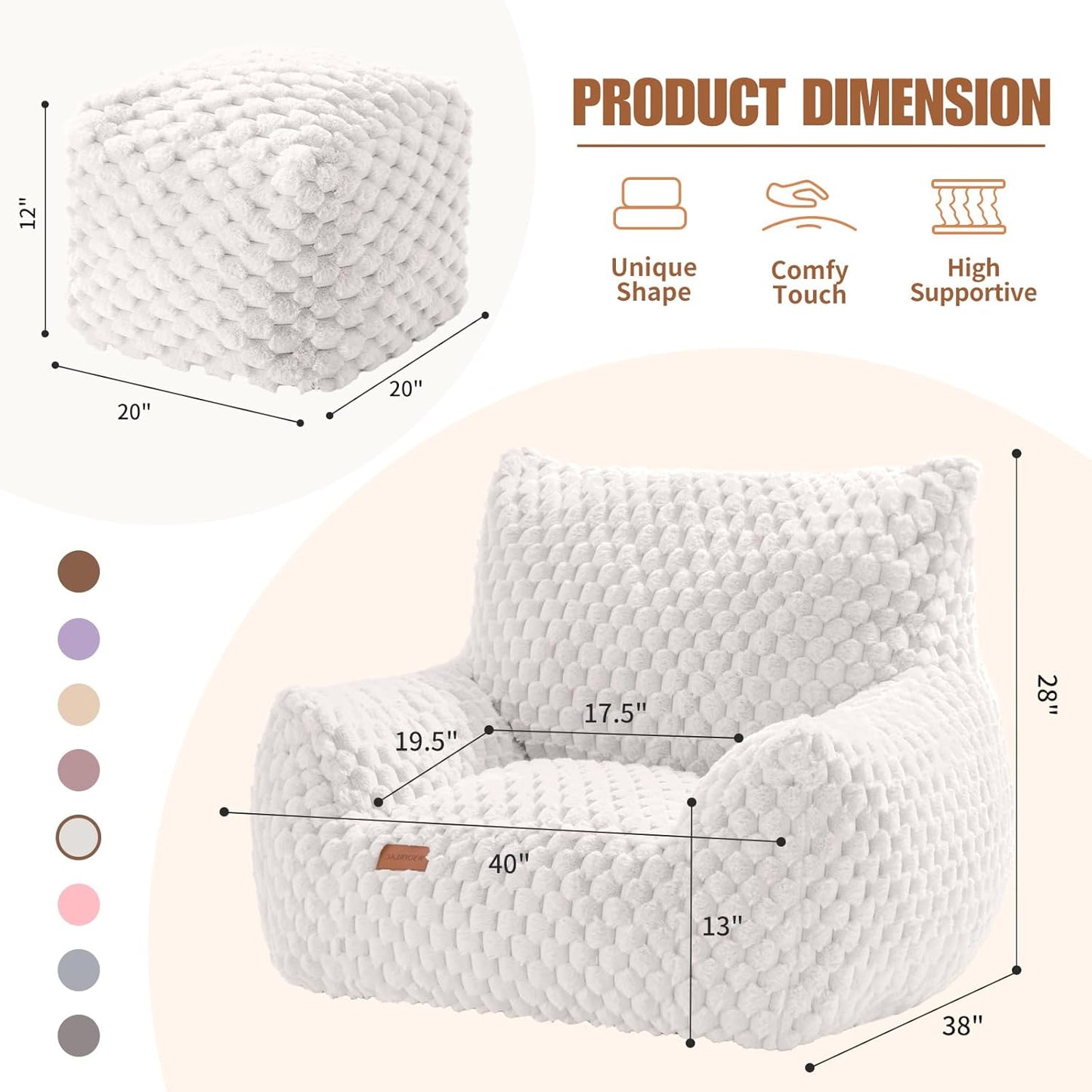 Bean Bag Chair with Ottoman, Modern Giant Bean Bag Couch Sofa with Footstool, Lounge Large Bean Bag Chairs for Adults Teens, Comfy Faux Fur Reading Chair for Bedroom, Living Room