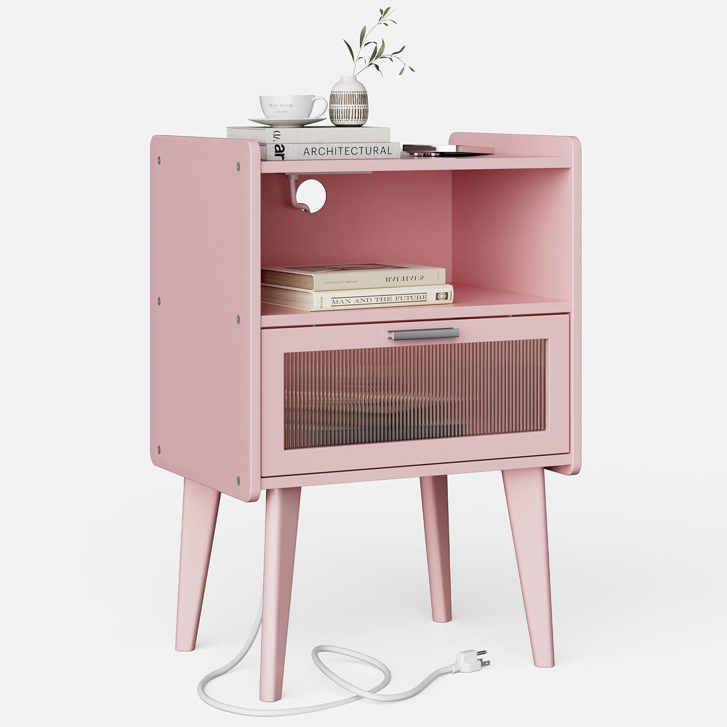 Nightstand with Charging Station, Bedside Tables Pink End Table Side Table with 2 Tiers Storage Space, for Bedroom Living Room MLBZ07PE