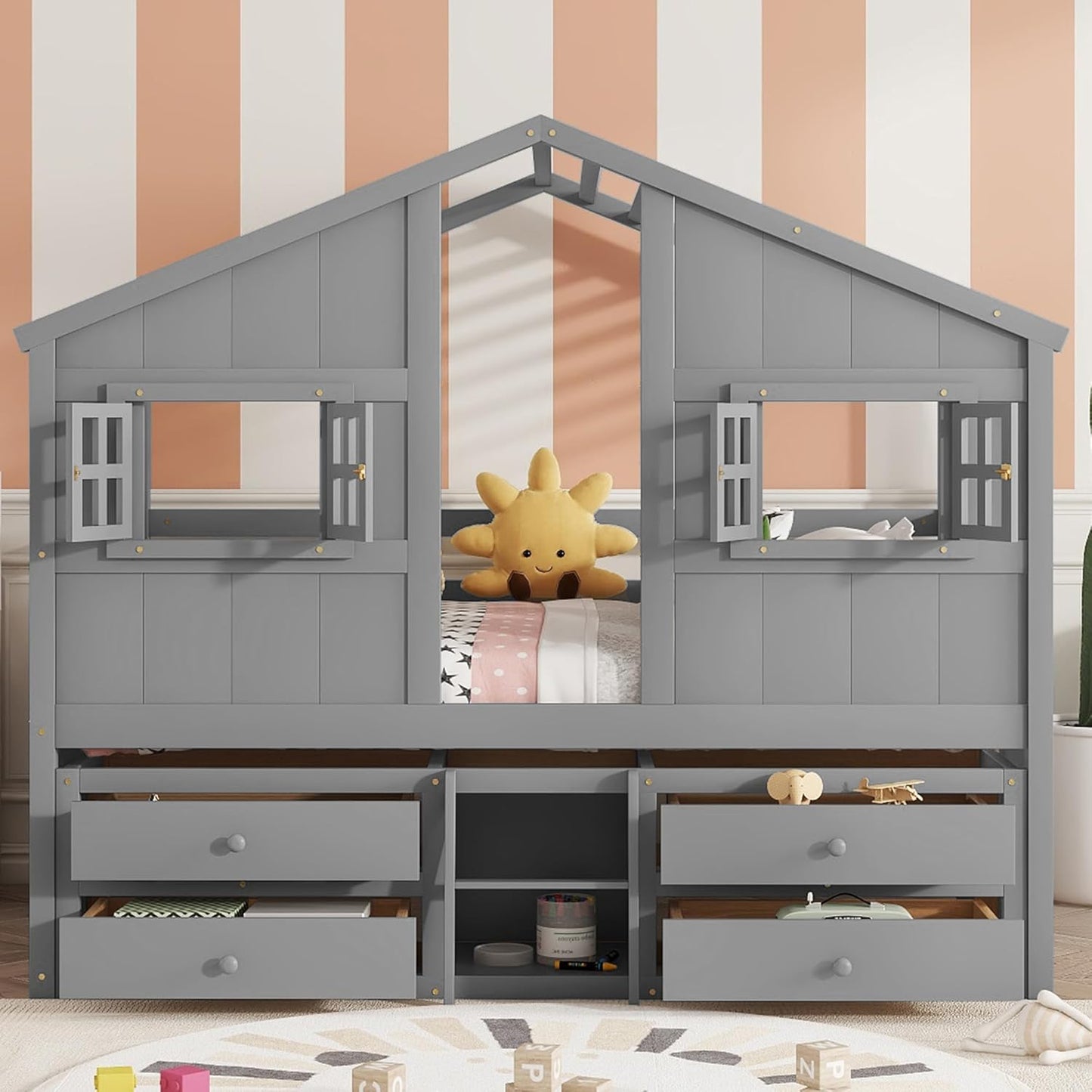 KEIKI Full Size Wooden House-Shaped Loft Bed with Roof, Windows, 4 Storage Drawers, Guardrail, Ladder, for Boys and Girls, Loft Bed with Slats, Easy Assembly, No Box Spring Required, for Bedroom, Grey