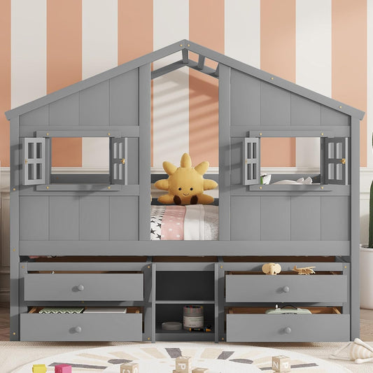 KEIKI Full Size Wooden House-Shaped Loft Bed with Roof, Windows, 4 Storage Drawers, Guardrail, Ladder, for Boys and Girls, Loft Bed with Slats, Easy Assembly, No Box Spring Required, for Bedroom, Grey
