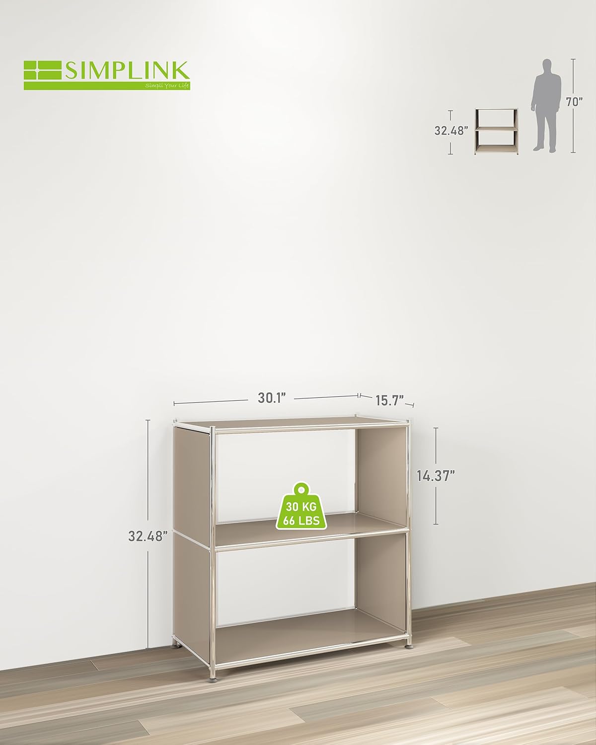 32-Inch 2-Tier Metal Bookcase, Open Shelf Storage Organizer for Living Room, Bedroom, Side Table or Nightstand Use, Modern DIY Assembly, Taupe