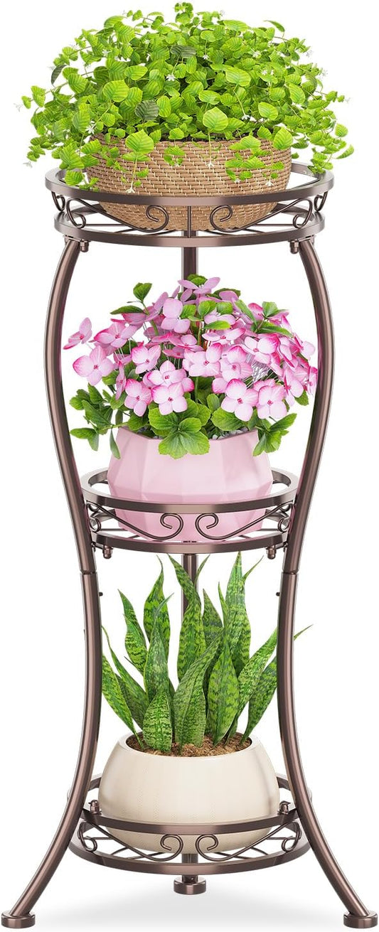 KMOTASUO 3 Tier Tall Plant Stand Indoor Outdoor for Large Planter, Multiple Level Flower Holder Organizer Rack for Patio Office Bathroom Corner, Sturdy Heavy Duty Metal, Vertical Display, Bronze