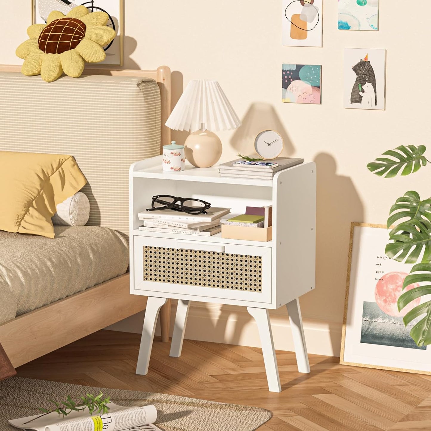 Lerliuo Rattan Nightstand, Bedside Table with Drawer Open Shelf, Cane Accent Side End Table with Solid Wood Legs, White Mid Century Night Stand for Bedroom, Dorm and Small Spaces