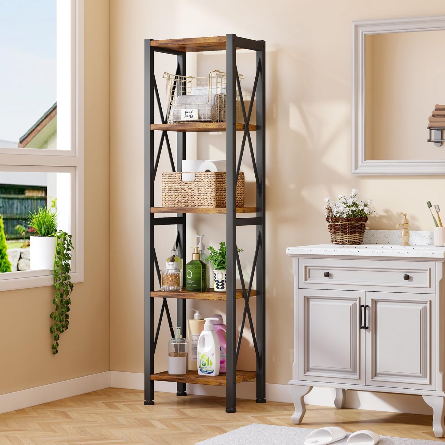Homeiju 5-Tier Narrow Bookshelf, Ladder Bookshelf, Tall Bookshelf for Bedroom with Open Shelves, Office Bookshelf, Industrial Standing Bookshelf for Bedroom, Living Room and Home Office