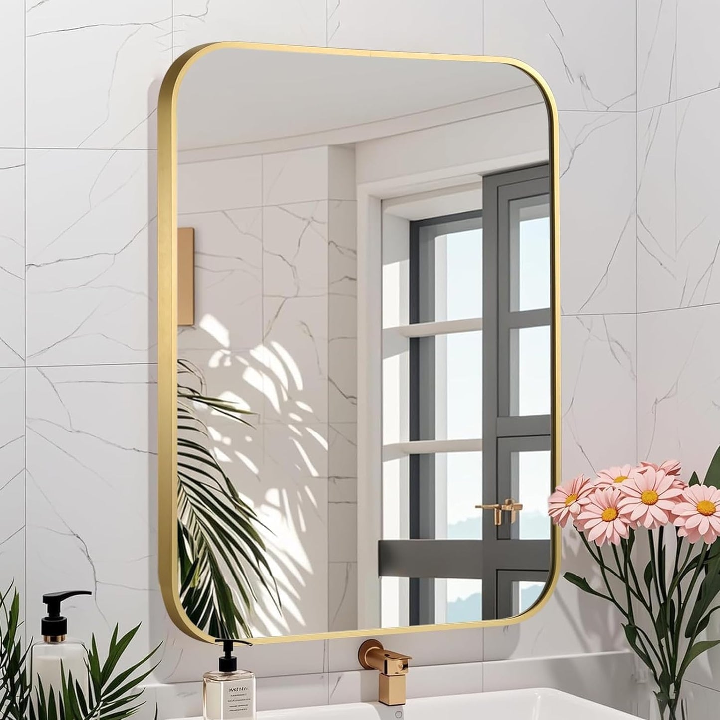 Brushed Gold Mirror, 24"x32" Rectangle Bathroom Mirror, Metal Frame Rectangle Corner Vanity Mirror, Wall Mounted Mirror for Modern, Living Room, Bedroom, Horizontal Or Vertical