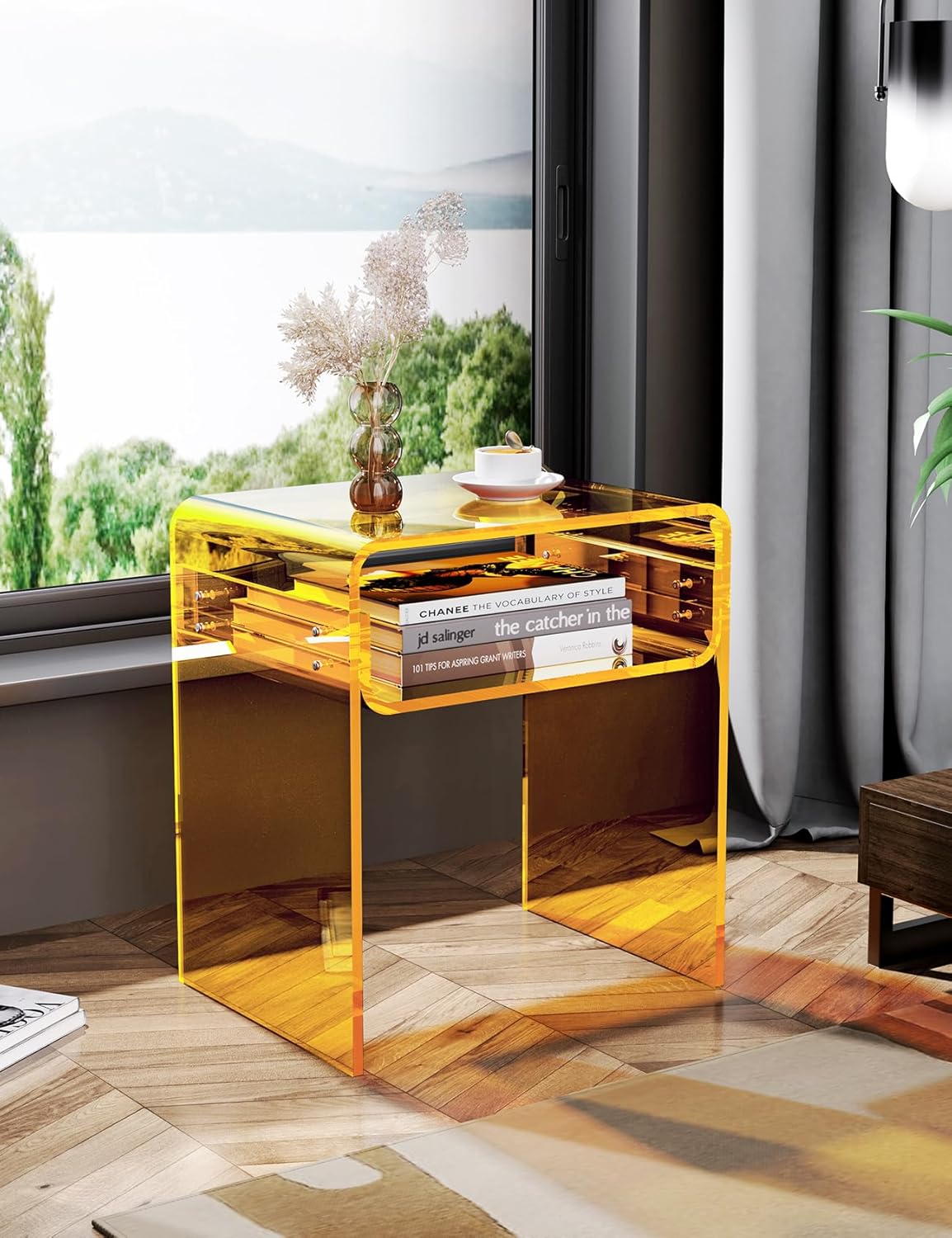 Clear Acrylic End Table 2-Tier Bedside nightstand for Living Room Bedroom Home Decor (Yellow)