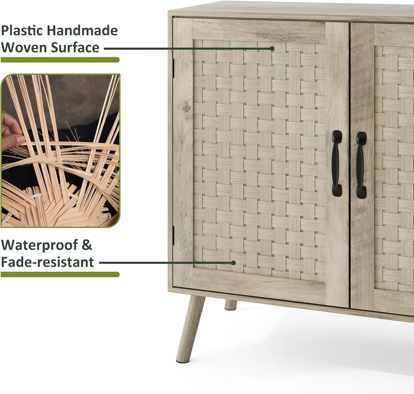 Farmhouse Sideboard Cabinet, Buffet Storage Cabinet with Handmade PVC Rattan Decor Doors & Adjustable Shelf, Wood Accent Table Coffee Station for Kitchen, Living Room, Entryway, Grey Oak