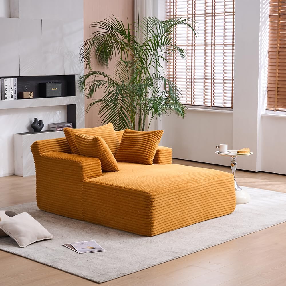 Oversized Chaise Daybed Lounge Sleeper Chair Sofa Bed Indoor, Fluffy Corduroy Upholstered Sleeper Recliner Sofabed Extra Wide Full Foam Cloud Sofabed W/3 Pillows for Home/Apartment Living Room Bedroom