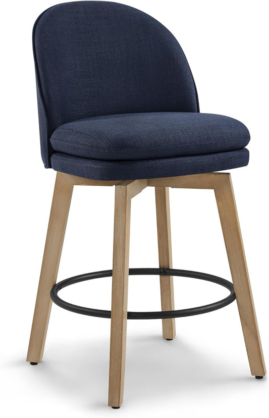Counter Height Barstools 26 inch Upholstered Swivel Bar Stools with Back and Wood Legs for Kitchen Island,Set of 1,Blue Fabric-Armless