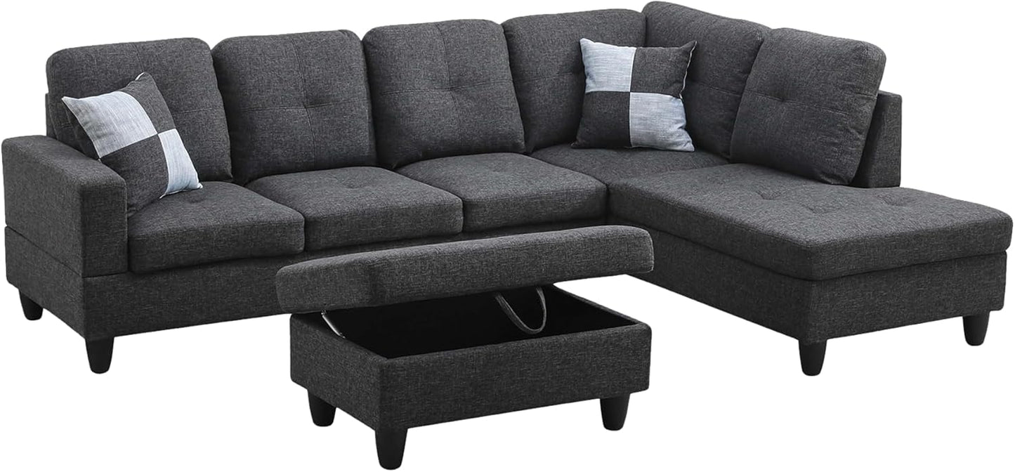 Couches for Living Room Modern L Shaped Couch Comfy Linen Fabric 3 Pieces Sectional Sofa with Chaise, Ottoman with Storage for Office and Small Apartment, Black Grey