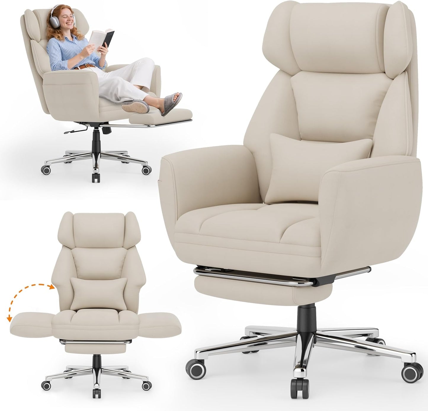 GABRYLLY Office Criss Cross Chair with Footrest, Big and Tall Executive Chair with Wide Seat,Reversible Armrest,Wheels, Lumbar Pillow and 120°Tilt,Computer Desk Chair for Gaming,Meditation,Ivory
