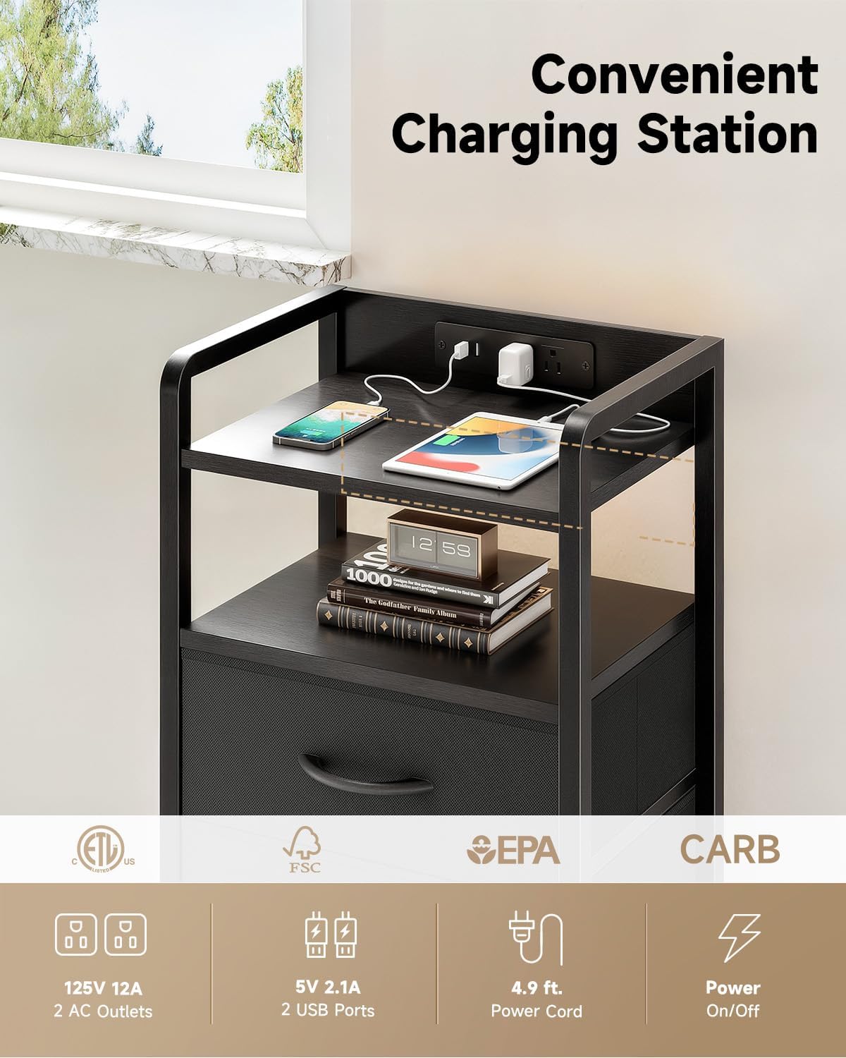 Night Stand Bedside Charger Bedroom - Nightstand with Charging Station & LED Light Strip, Night Stand with Storage Shelf & 2 Fabric Drawers, Morden End Table with U-S-B Ports & AC Outlets