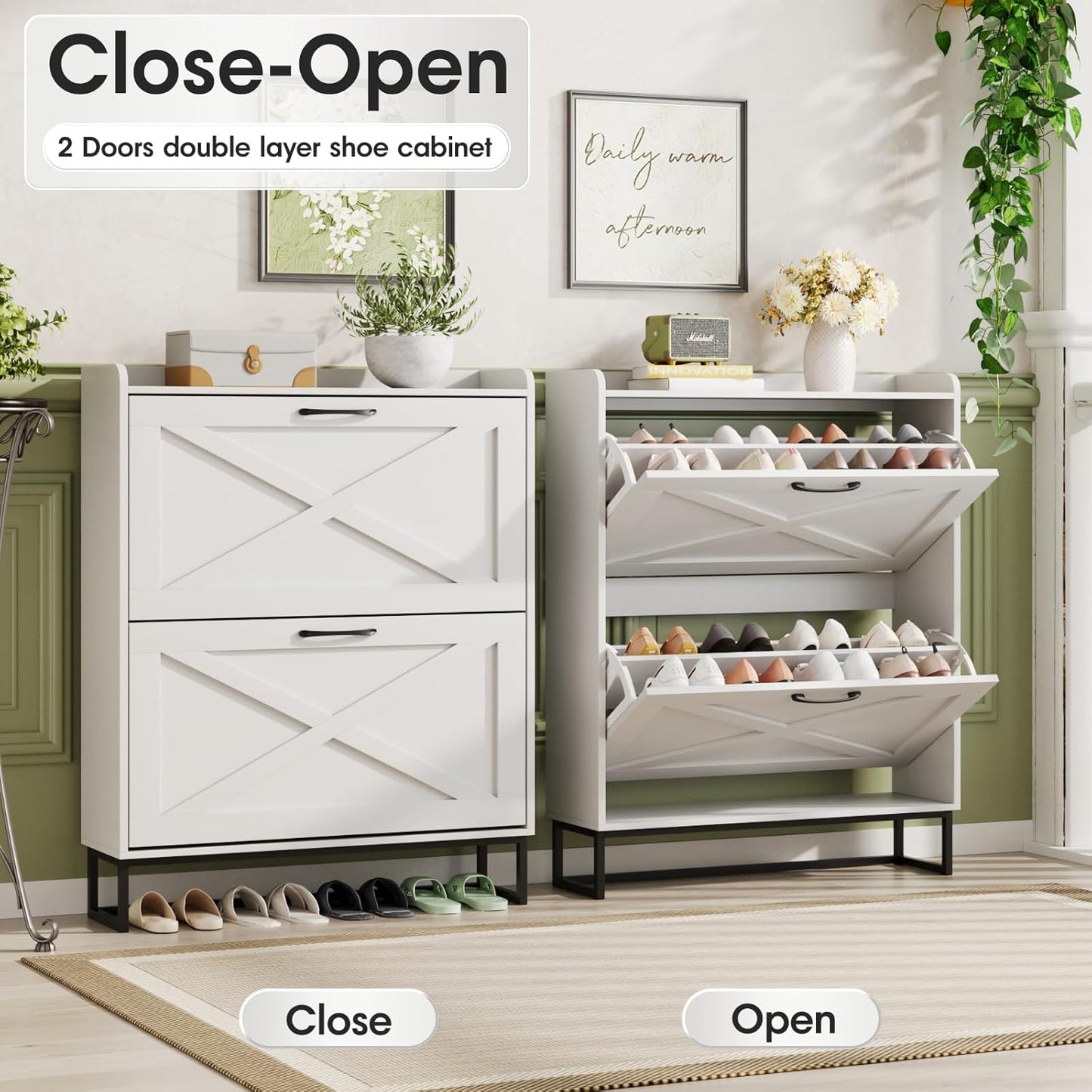 Maupvit Shoe Cabinet with 2 Flip Drawers, Freestanding Shoe Cabinet Organizer with Metal Legs, Shoes Storage Cabinet for Entryway, Narrow Shoe Rack Cabinet, White