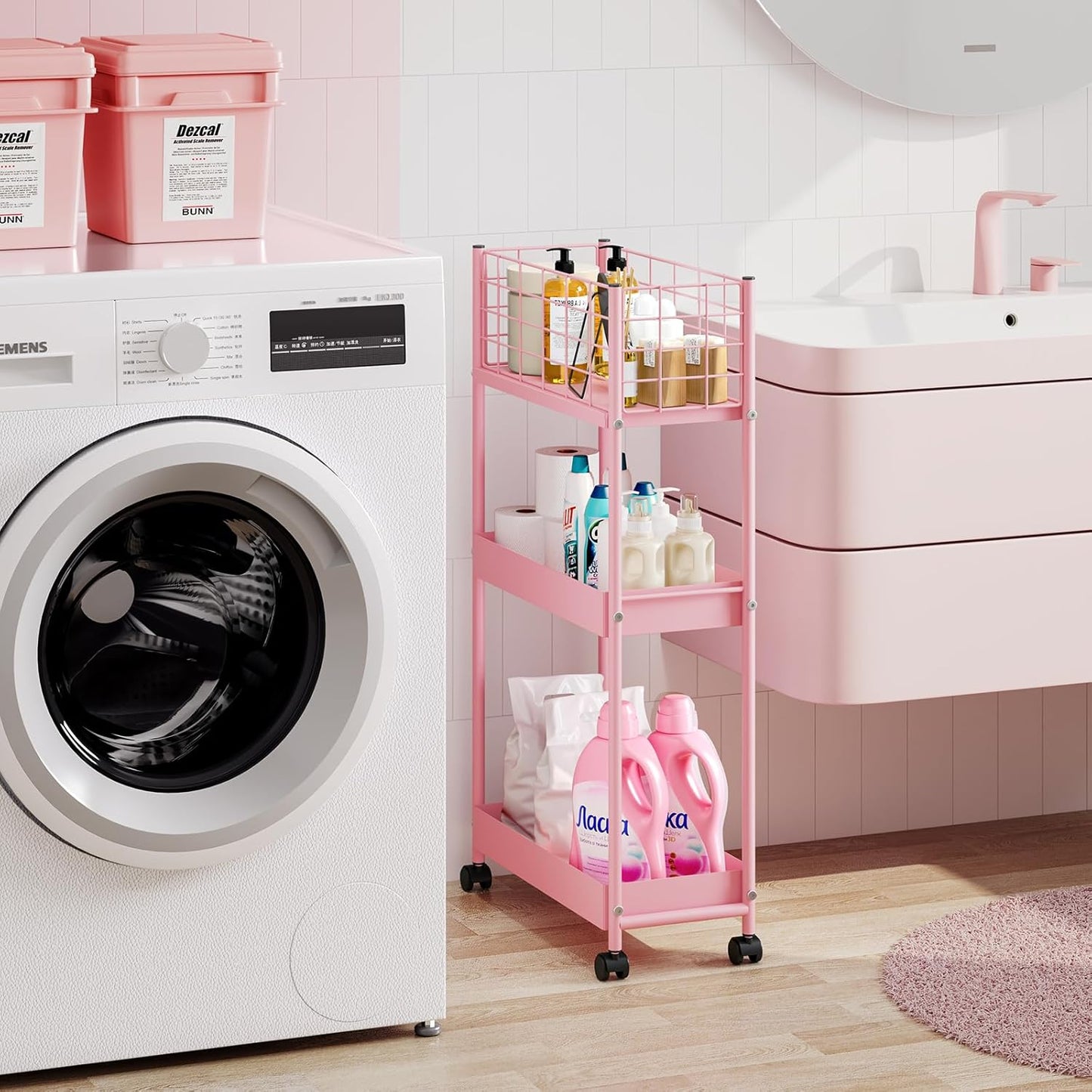 KINGRACK 3-Tier Rolling Utility Cart with Wheels, Metal Slim Storage Cart, Bathroom Multifunctional Storage Organizer, Mobile Shelving Unit for Kitchen, Office, Laundry Room, Narrow Place, Pink