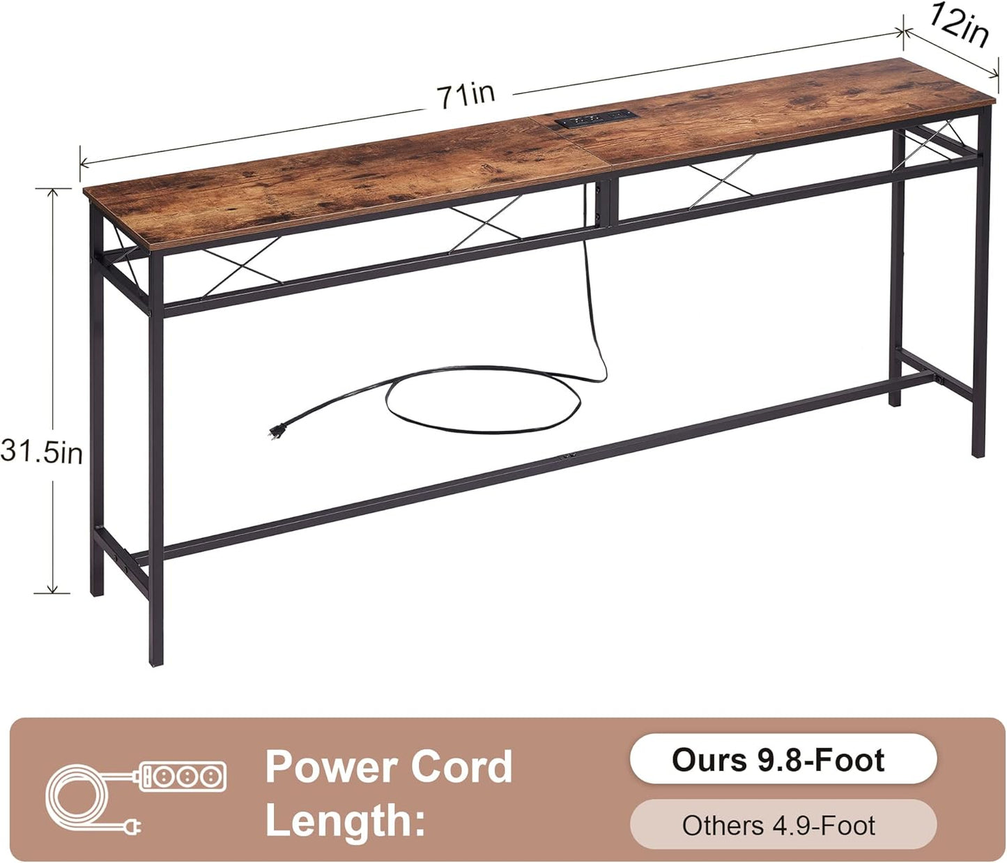 VECELO 71In Extra Long Narrow Sofa/Console Table with Charging Station & Power Outlet and USB Ports, for Entryway, Living Room, Office, Industrial, Rustic Brown