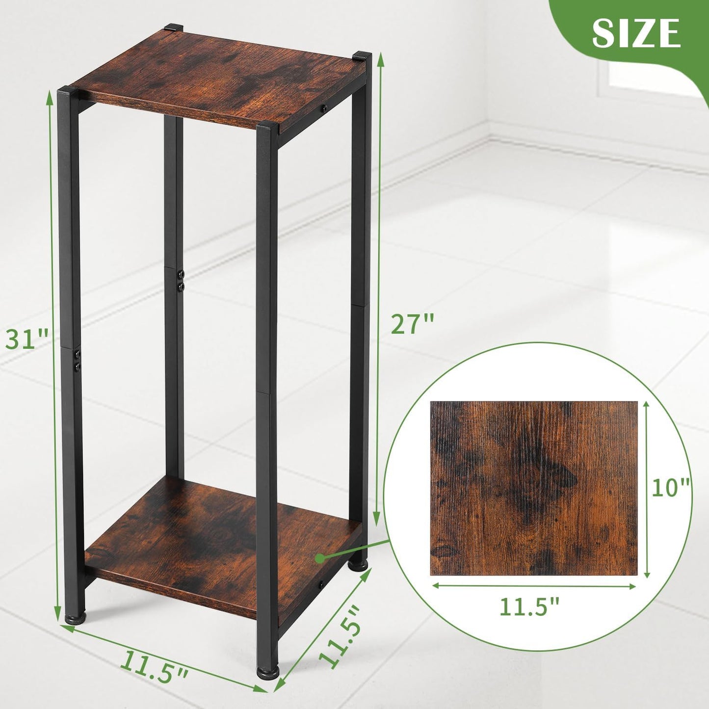 Tall Plant Stand Indoor,31 Inch Plant Stands,2 Tier Metal Plant Stand with Heavy Duty Wood,Rustic Brown and Black