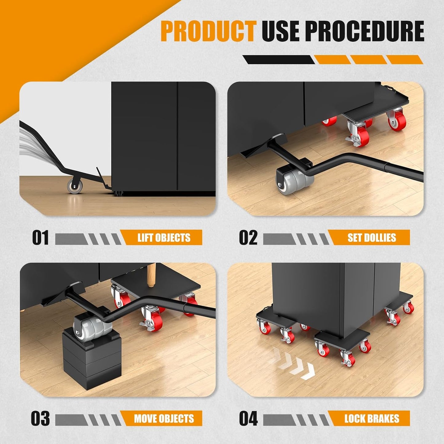2000LBS Heavy Duty Furniture Dolly & Mover - 6.4" Carbon Steel Panel with 5X 360° Wheels, Non-Slip Sliders & Lifter for Sofa, Piano, Appliances (Red)