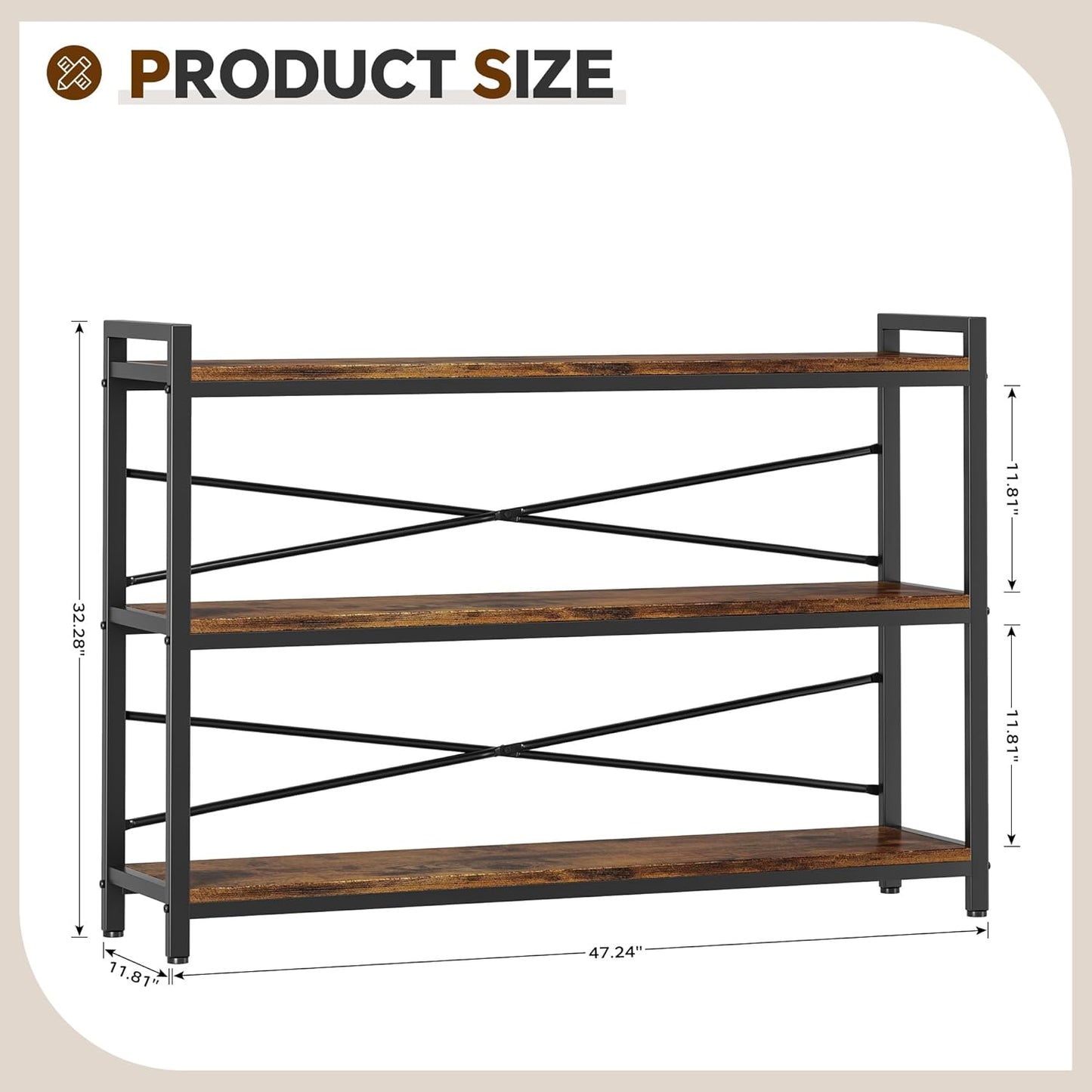 3 Tier Bookcase 47.24" Width, Long Industrial Book Shelf, Vintage Wooden Large Book Shelf for Home Living Room Bedroom Office Storage(Vintage)