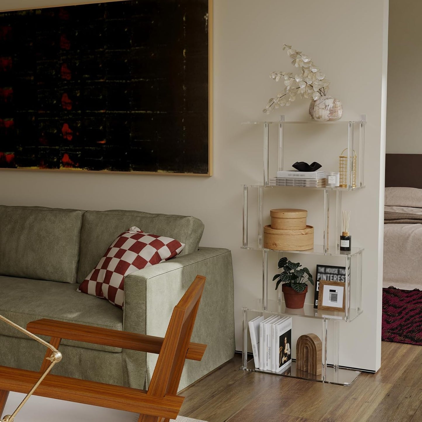 Acrylic Geometric Bookshelf, 5-Tier Clear S Shaped Bookcase, Modern, Unique Book Shelf for Living Room, Bedroom, Office, 9.3" D x 22.4" W x 49.2" H, Easy Assembly