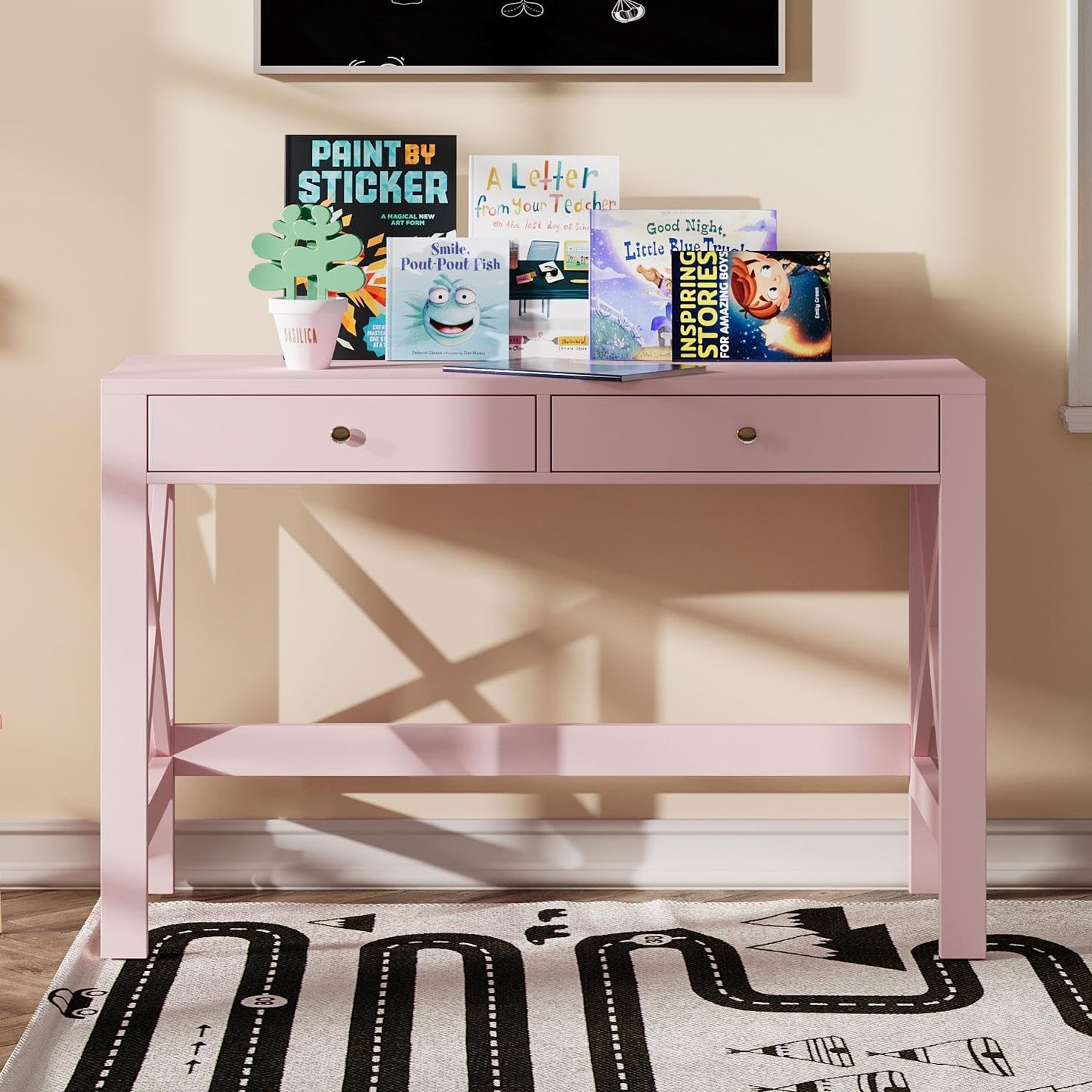 ChooChoo Computer Desk for Home Office, 39 Inches Writing Table with Drawers, Makeup Vanity Console Table, Pink