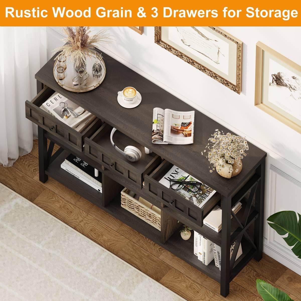 FATORRI Rustic 6 Cube Storage Organizer Bookshelf with 3 Drawers, Short Low Horizontal Bookshelf for Living Room, Industrial Wood and Metal Cubby Bookcase for Home Office (Walnut Brown, 47 Inch)