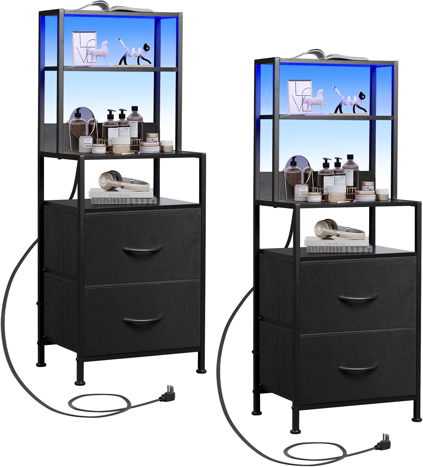 WLIVE Nightstand Set of 2 with Charging Station, LED Night Stand Sets with 2 Drawers and 4 Storage Open Shelves, Fabric Dressers for Bedroom, Black