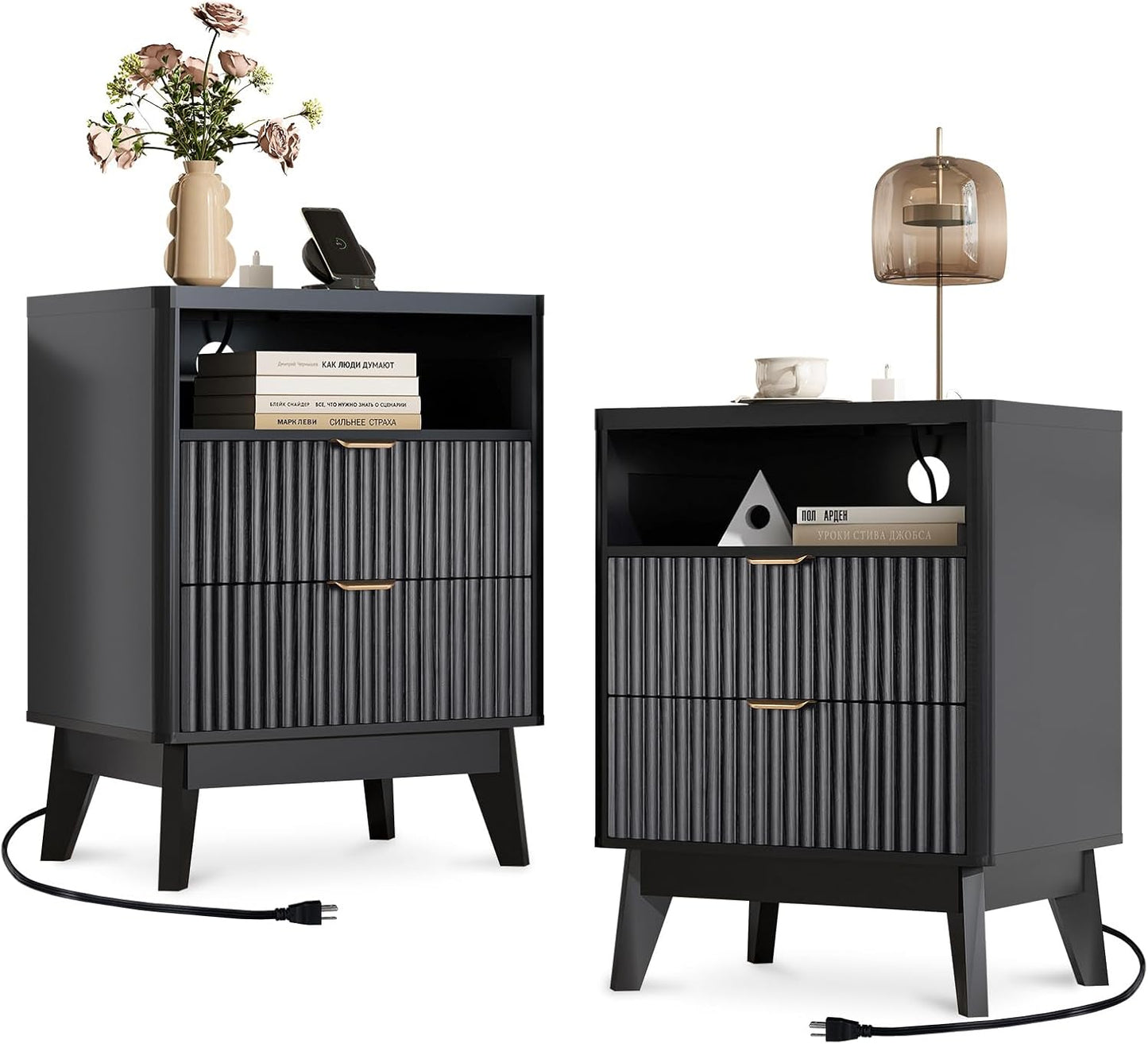 Fluted Nightstand Set of 2 with Charging Station, 19.7 inch Wide End Table with 2 Drawers, Modern Wood Bedside Table for Bedroom, Black