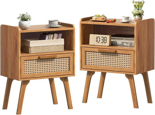 Lerliuo Rattan Nightstands Set of 2, Side Table with Drawer, Cane Accent Bedside End Table with Solid Wood Legs, Mid Century Modern Night Stand for Bedroom, Dorm and Small Spaces (Tea Brown)