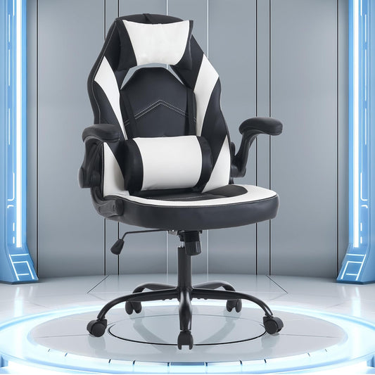 OLIXIS Computer Gaming Desk Chair - Ergonomic Video Game with Comfy Lumbar Support and headrest, PU Leather with Flip-up Arms, Adjustable Height and Swivel Wheels, for Adults, Black